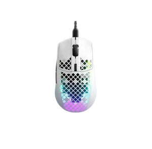 Front view of the white SteelSeries Aerox 3 wired gaming mouse with perforated shell design and vibrant RGB lighting glowing through the honeycomb pattern. Lightweight and durable, this high-performance mouse is perfect for competitive FPS and esports players.
