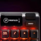 Close-up of the SteelSeries Apex 5’s onboard OLED display showing “Profiles” with four preset options, located above the numeric keypad. Features illuminated Num Lock key and customizable lighting controls for advanced gaming profiles.