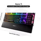 SteelSeries Apex 5 gaming keyboard featuring vibrant RGB backlighting, full-size 104-key layout, and ergonomic design with dimensions labeled (444mm x 139mm x 40mm). Ideal for gamers and typists seeking premium performance.
