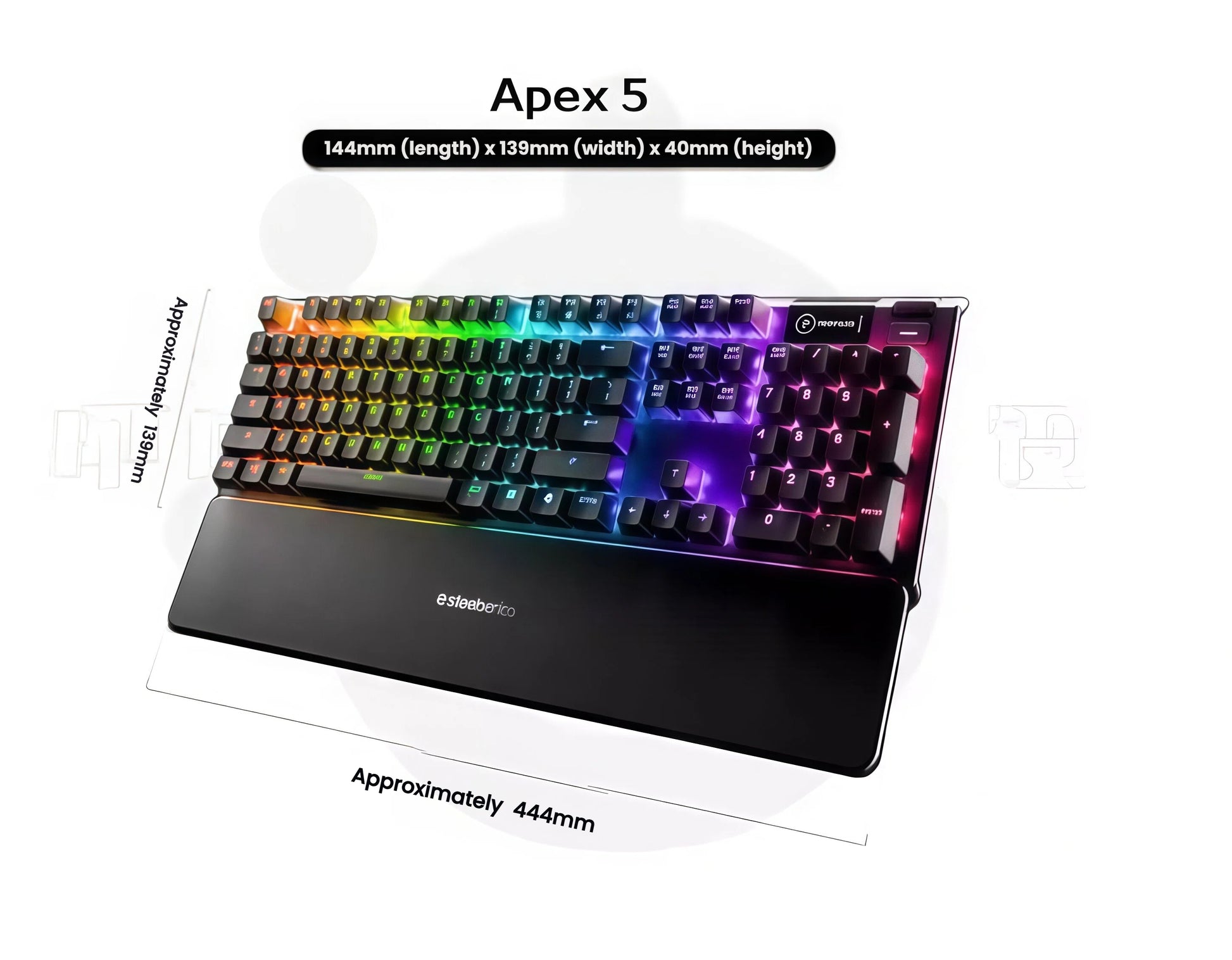 SteelSeries Apex 5 gaming keyboard featuring vibrant RGB backlighting, full-size 104-key layout, and ergonomic design with dimensions labeled (444mm x 139mm x 40mm). Ideal for gamers and typists seeking premium performance.
