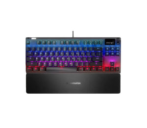 Feature highlights of the SteelSeries Apex Pro TKL: aerospace-grade aluminum alloy frame for durability, built-in USB passthrough ports, and height-adjustable tilting outriggers for ergonomic comfort during long gaming sessions.