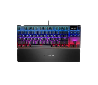 Feature highlights of the SteelSeries Apex Pro TKL: aerospace-grade aluminum alloy frame for durability, built-in USB passthrough ports, and height-adjustable tilting outriggers for ergonomic comfort during long gaming sessions.