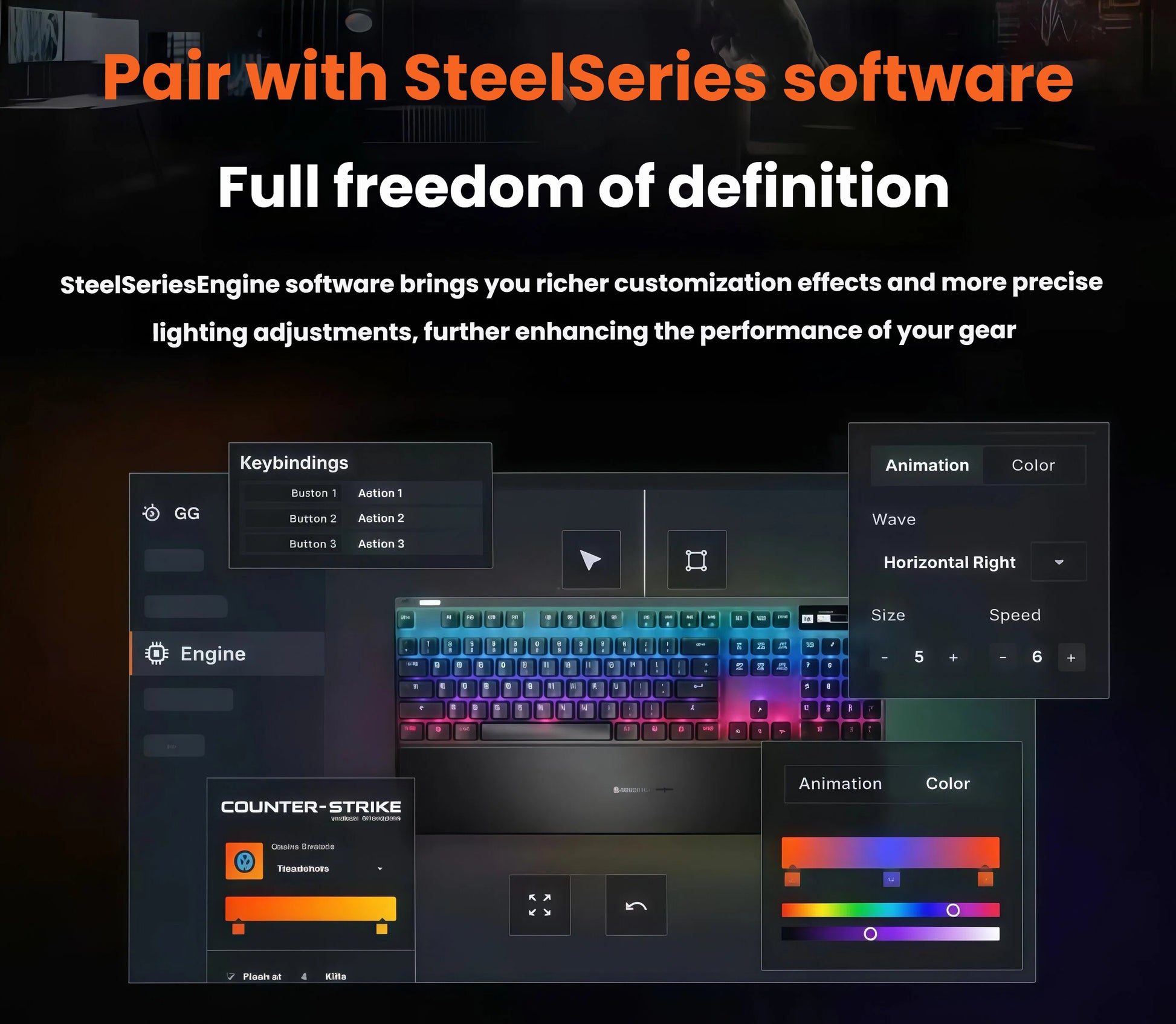 Diagram showing the SteelSeries RapidTrigger mechanism, where keys activate at just 0.1mm for light touch and fully press at 4.0mm, enabling immediate response and enhanced aiming precision in fast-paced games.