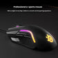 Side view of the SteelSeries Rival 5 gaming mouse showcasing its sleek black design, vibrant RGB lighting along the sides, and illuminated SteelSeries logo. Weighing only 68g, this professional-grade mouse delivers smooth, fast tracking for competitive FPS and MOBA gaming.
