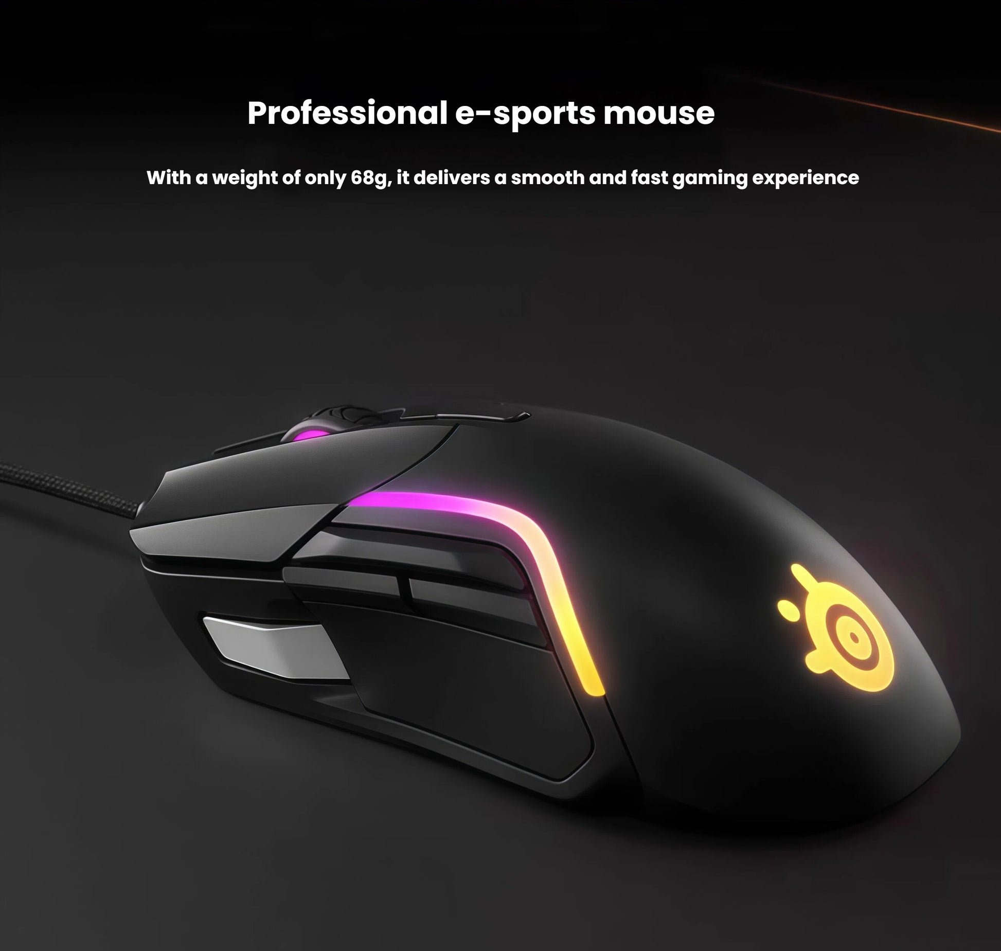 Side view of the SteelSeries Rival 5 gaming mouse showcasing its sleek black design, vibrant RGB lighting along the sides, and illuminated SteelSeries logo. Weighing only 68g, this professional-grade mouse delivers smooth, fast tracking for competitive FPS and MOBA gaming.
