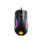 Front-facing studio image of the SteelSeries Rival 5 gaming mouse on a white background. The mouse features dual-sided RGB lighting, a textured scroll wheel, two side buttons, and a bright yellow SteelSeries logo — perfect for gamers who demand both style and performance.
