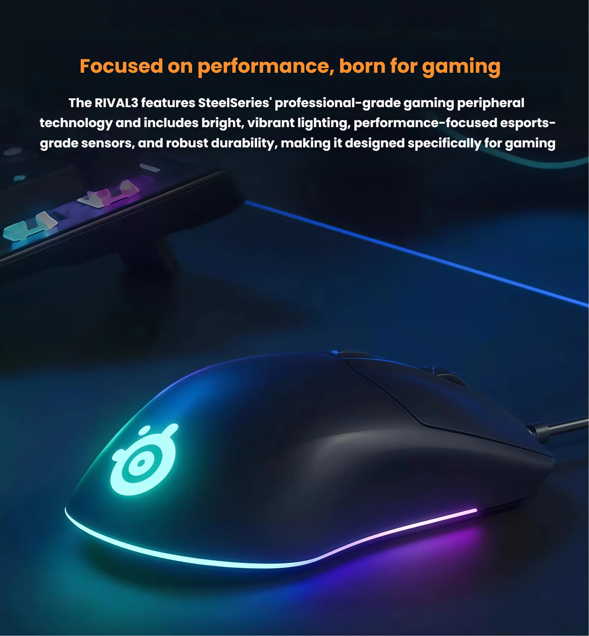 Top-down shot of the SteelSeries Rival 5 gaming mouse with dynamic RGB lighting glowing along the edges and logo. Designed for high-performance gaming, it features a contoured ergonomic shape for comfortable grip during extended use.

