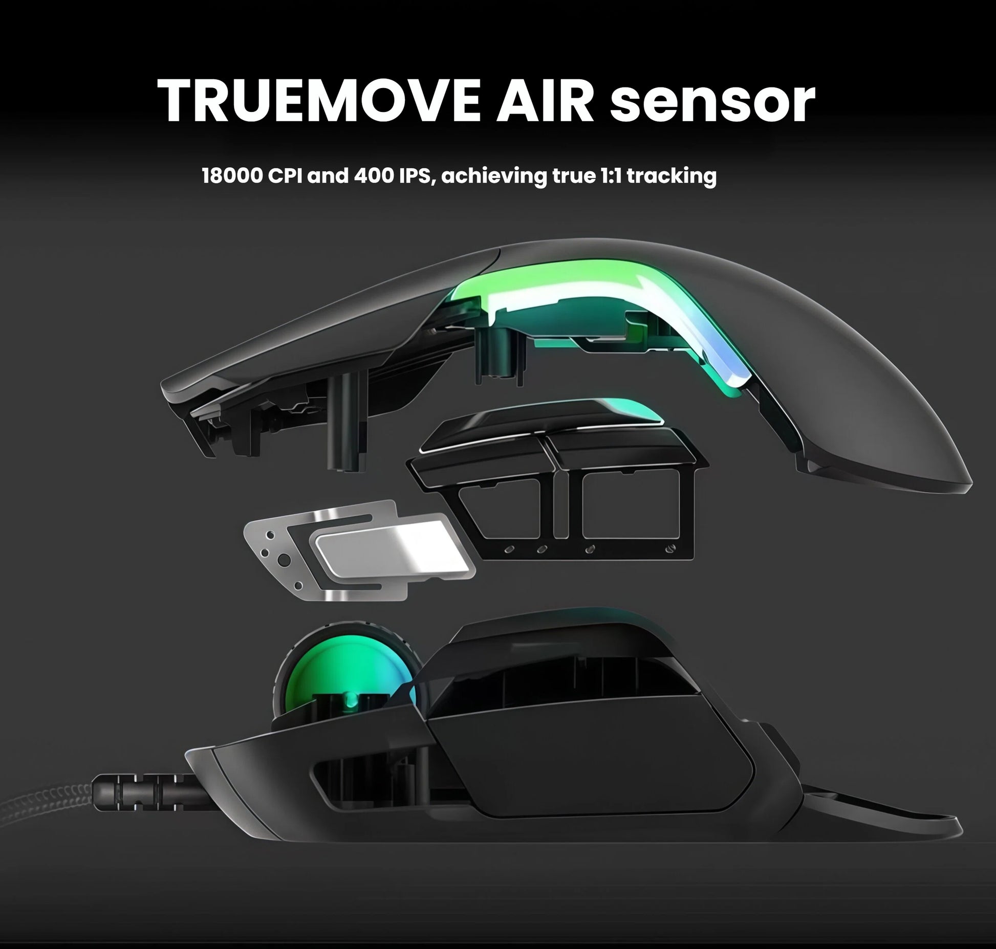 Exploded diagram of the SteelSeries Rival 5 gaming mouse revealing internal components, including the TrueMove Air optical sensor. With 18,000 CPI and 400 IPS tracking speed, it achieves true 1:1 movement accuracy for professional-level precision.