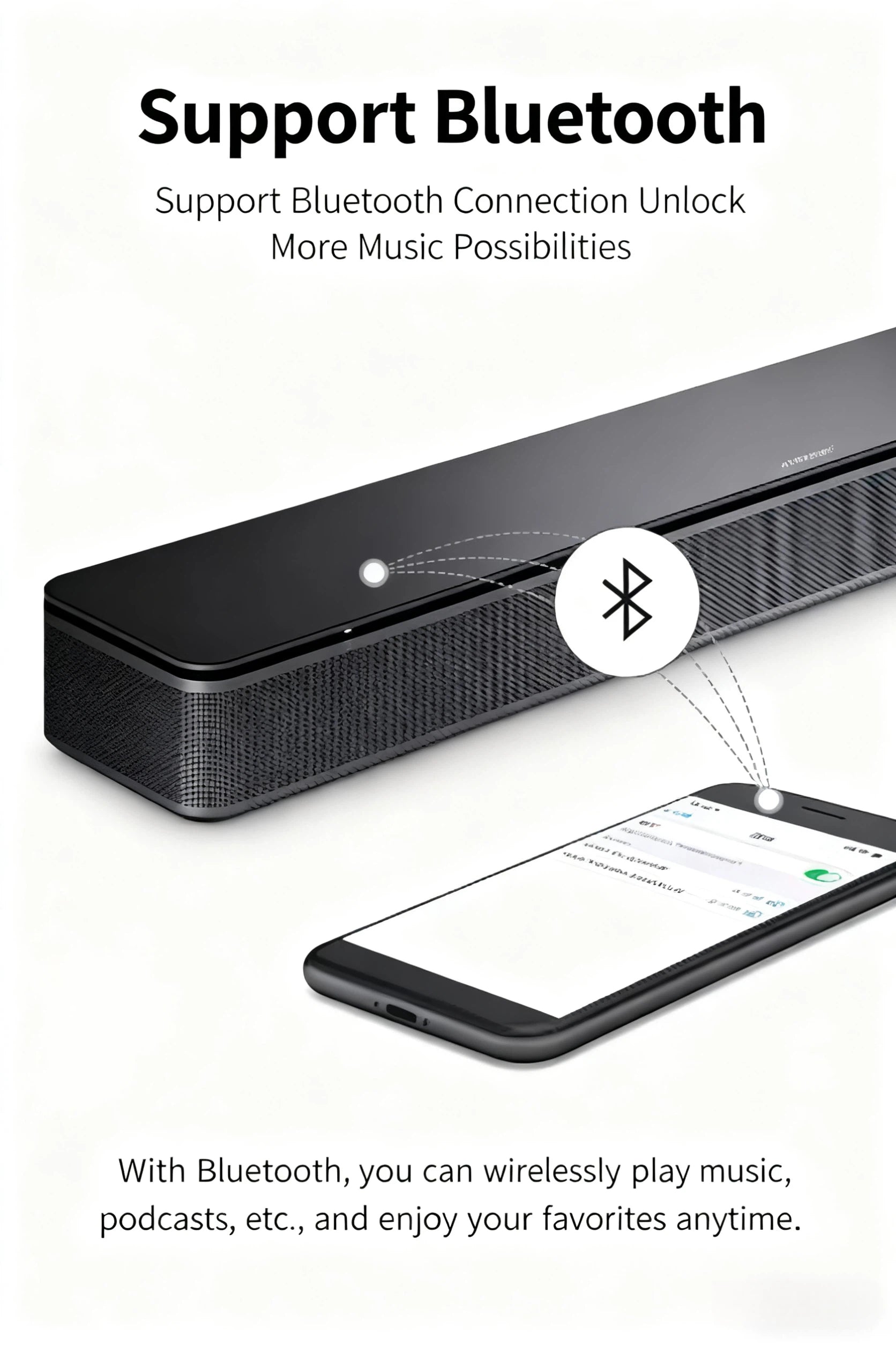 An illustration showing the Bose TV Speaker connecting to a smartphone, demonstrating its built-in Bluetooth support for wirelessly playing music, podcasts, and other audio content.