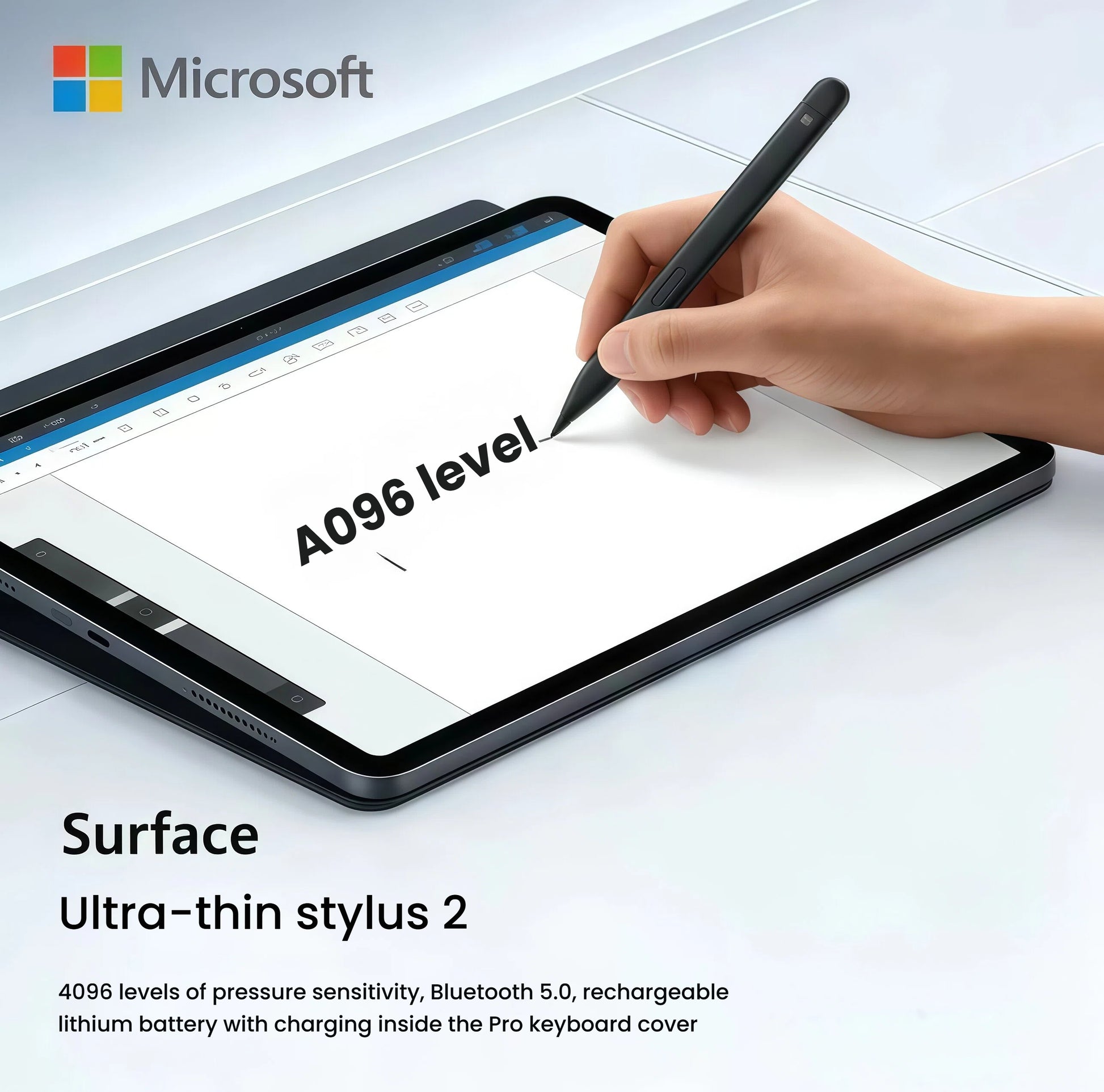 User writing “4096 level” on a Surface tablet using the Microsoft Surface Slim Pen 2. The stylus delivers ultra-responsive input with 4096 levels of pressure sensitivity and Bluetooth 5.0 connectivity for seamless performance.