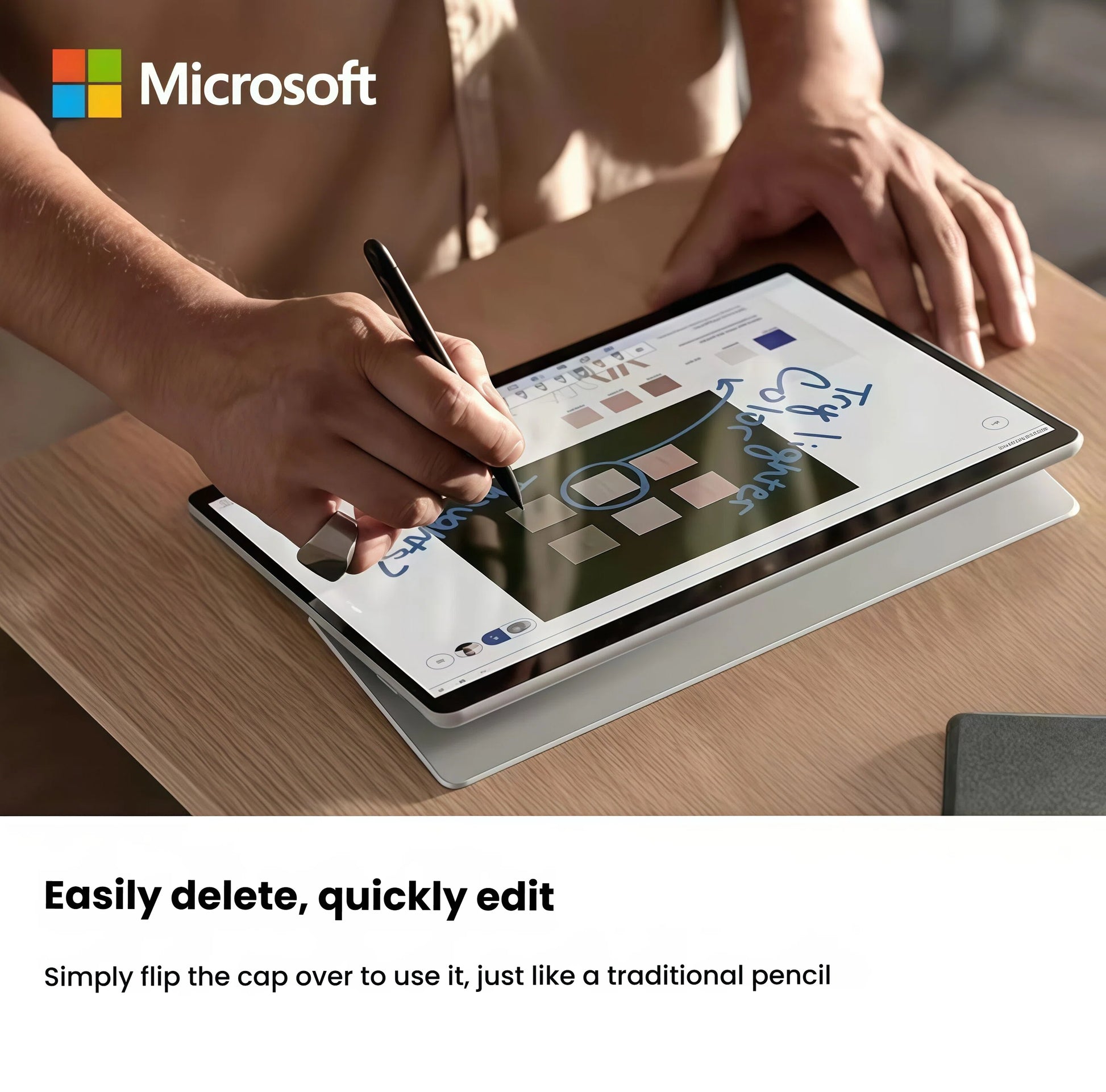 User writing on a Surface tablet with the Microsoft Surface Slim Pen 2, flipping the cap over to erase notes effortlessly. The dual-function design mimics traditional pencil behavior for quick edits and deletions.