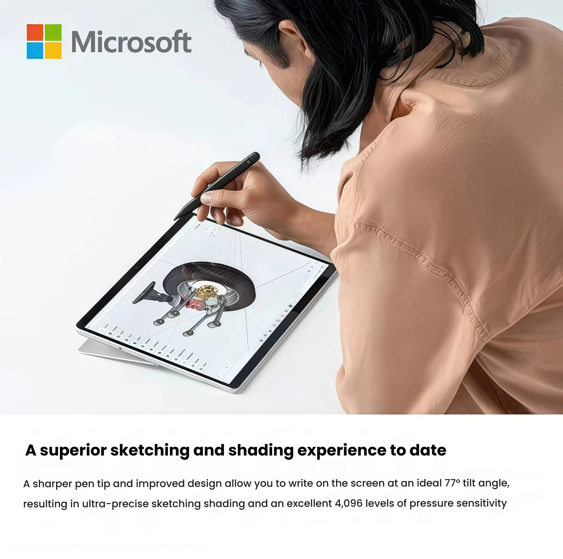 A woman sketching detailed artwork on a Surface tablet using the Microsoft Surface Slim Pen 2. The pen supports an ideal 77° tilt angle and 4,096 levels of pressure sensitivity for natural shading and ultra-precise drawing.
