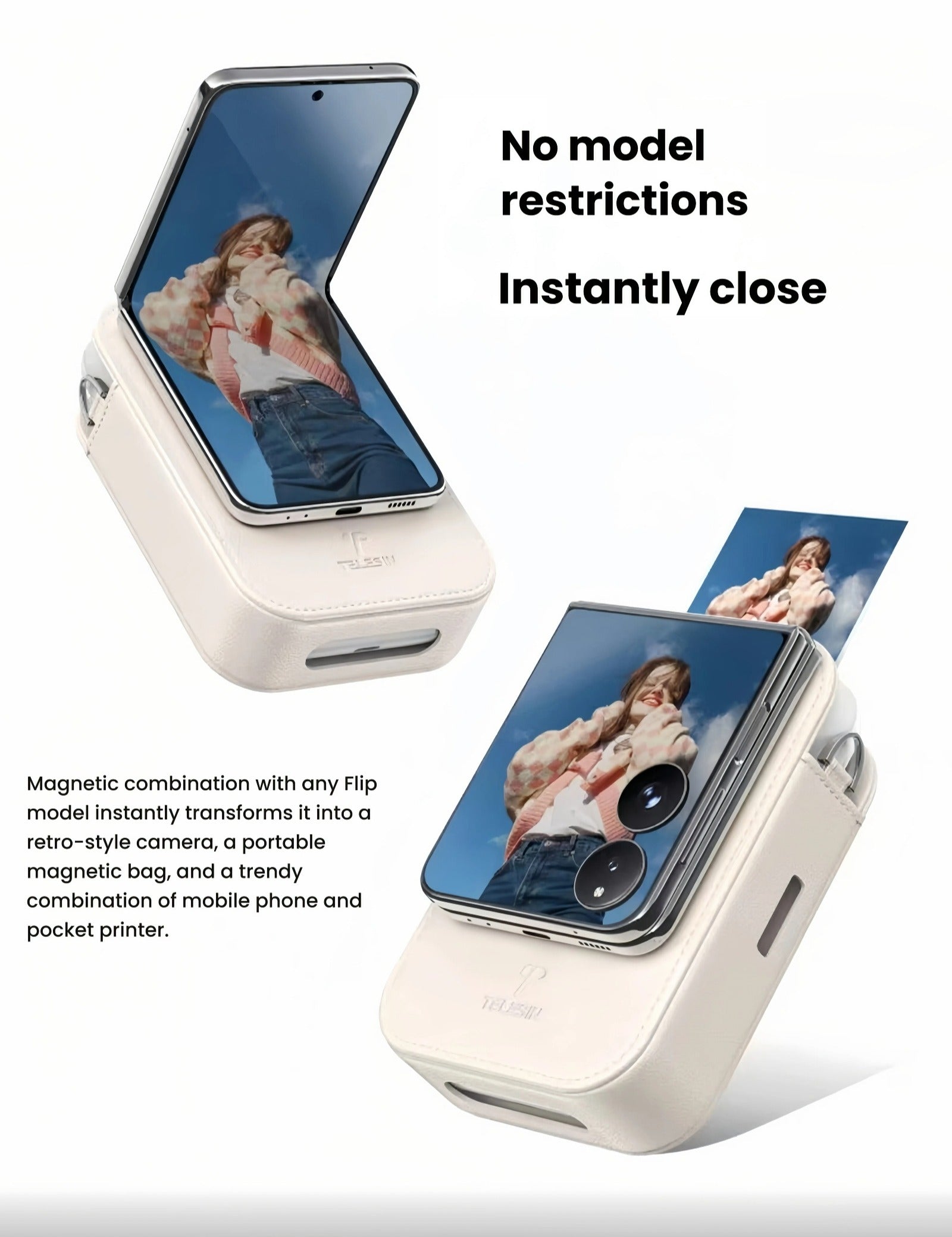TELESIN magnetic carrying case with flip phone attached. Shows both open and closed positions—transforming the phone into a retro-style instant camera with built-in pocket printer functionality.