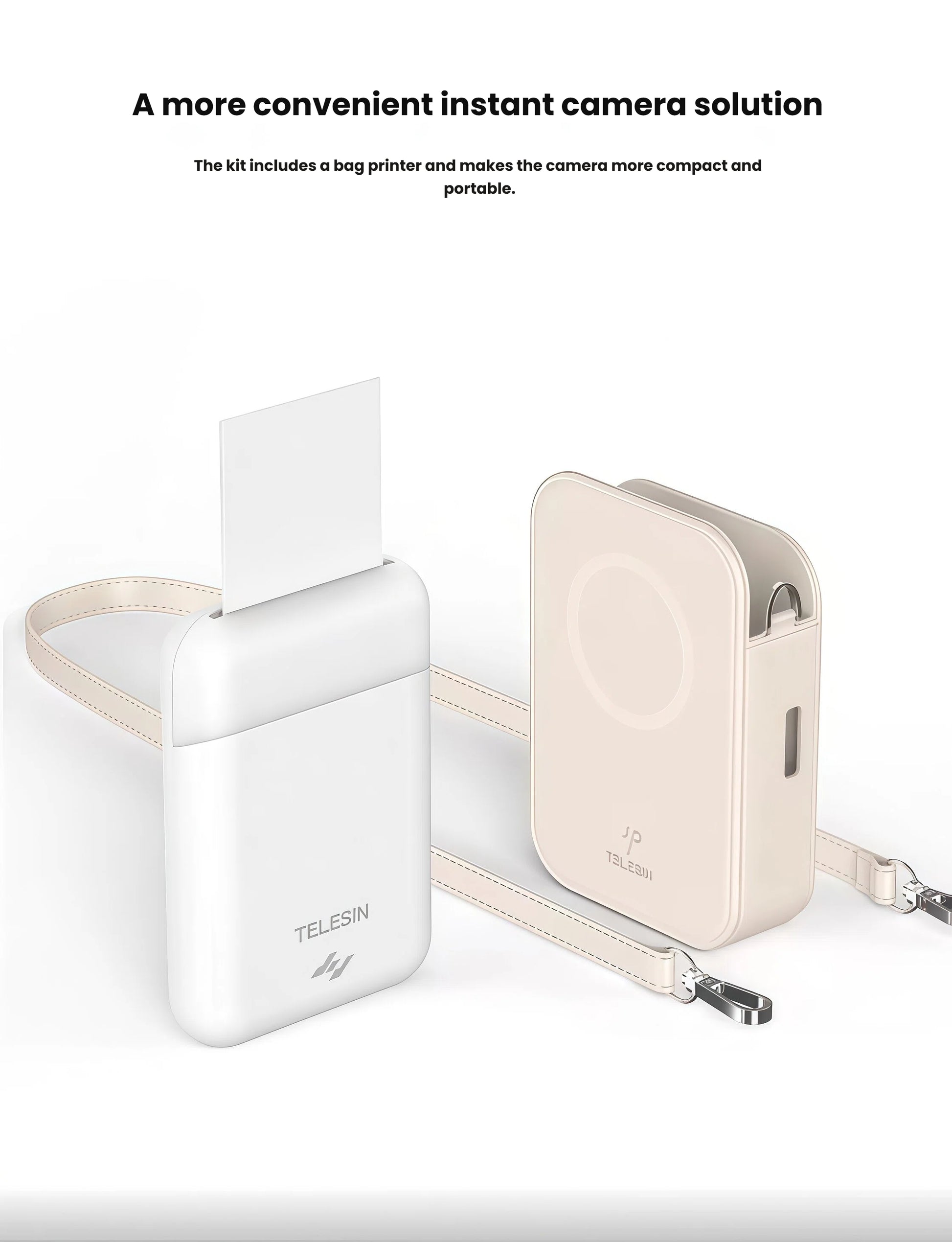 Liene x TELESIN portable photo printer set shown with magnetic carrying case, adjustable wrist strap, and print output. A compact, all-in-one solution for instant photography on the go.