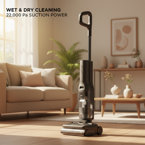 A stylish lifestyle photo of the Roborock F25 Ultra standing on a wooden floor in a sunlit living room, emphasizing its wet & dry cleaning capability and powerful 22,000 Pa suction power.