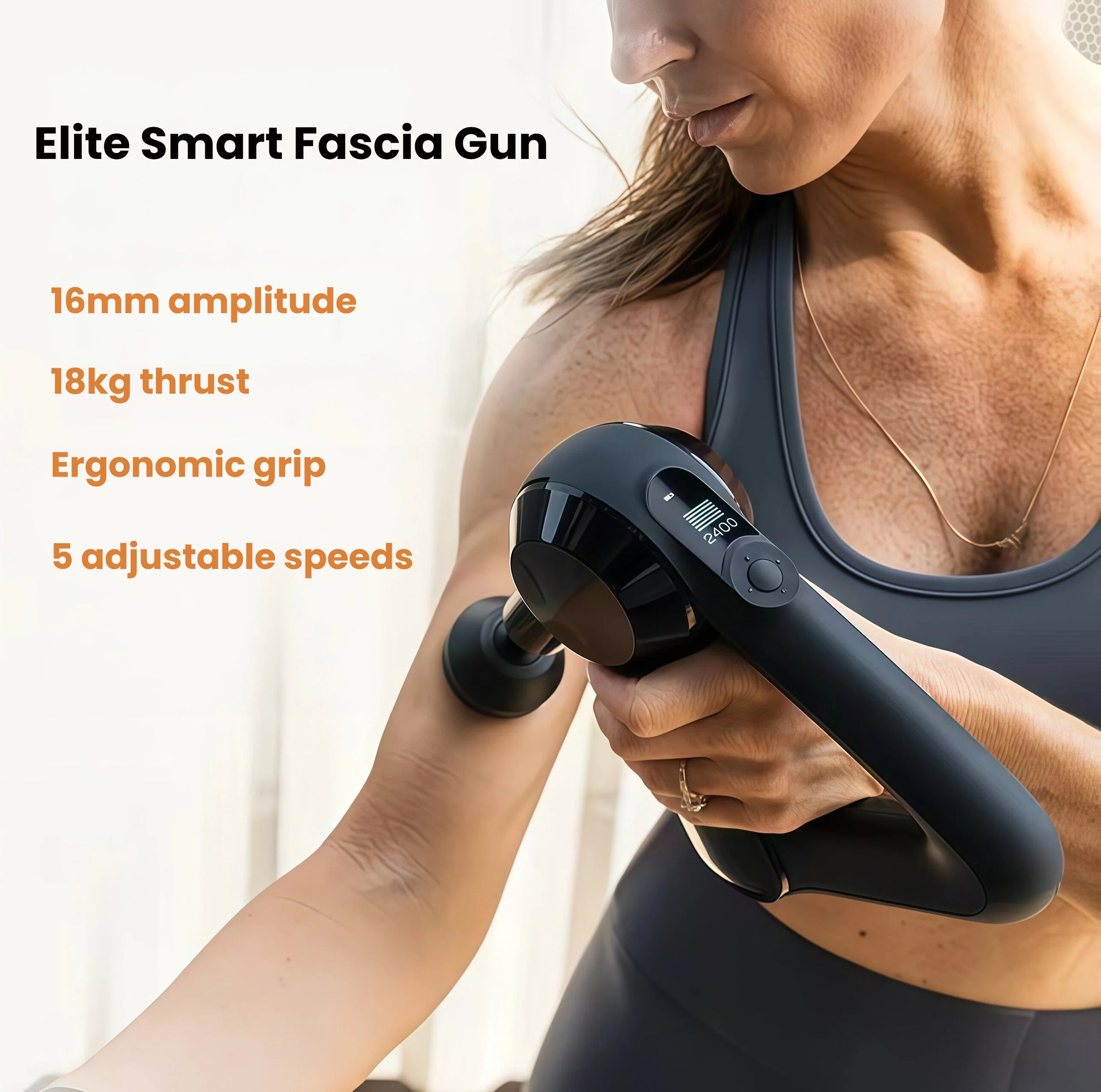 Woman using Theragun Elite G5 on forearm; overlay text highlights 16 mm amplitude, 18 kg thrust, ergonomic grip, 5 speeds.

