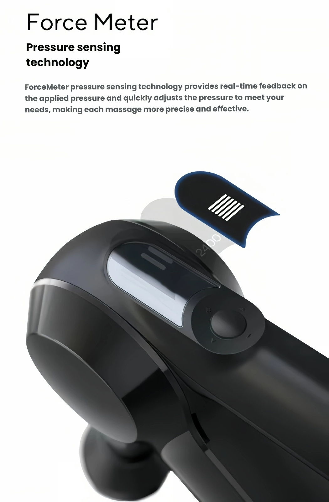 Close-up of Theragun Elite G5 Force Meter OLED screen showing real-time pressure feedback for precise massage therapy.