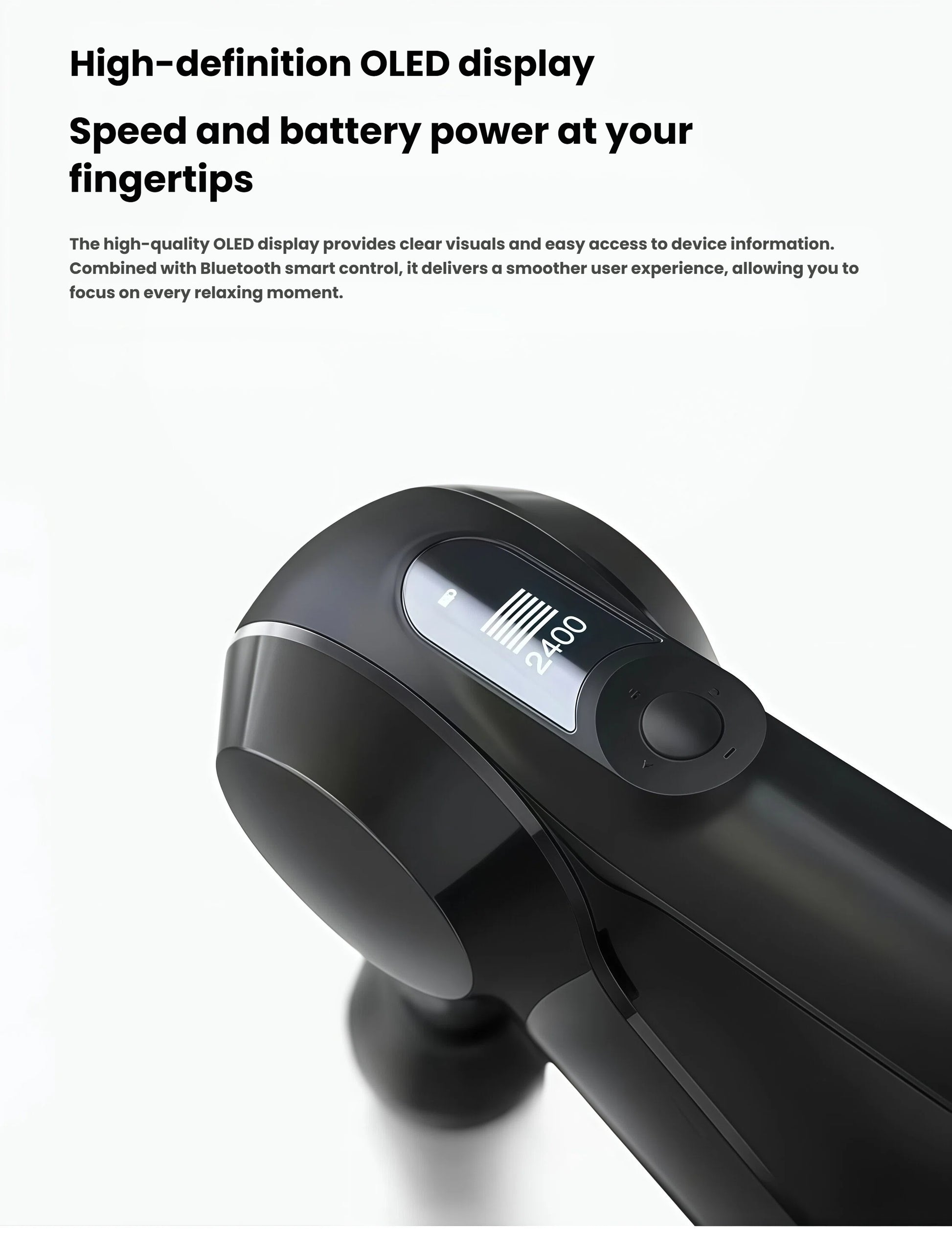 Macro view of Theragun Elite G5’s crisp OLED screen displaying speed and battery level, with Bluetooth connectivity icon.