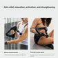Split image: woman using Theragun Elite G5 on bicep for tension relief and on quad to promote muscle repair.
