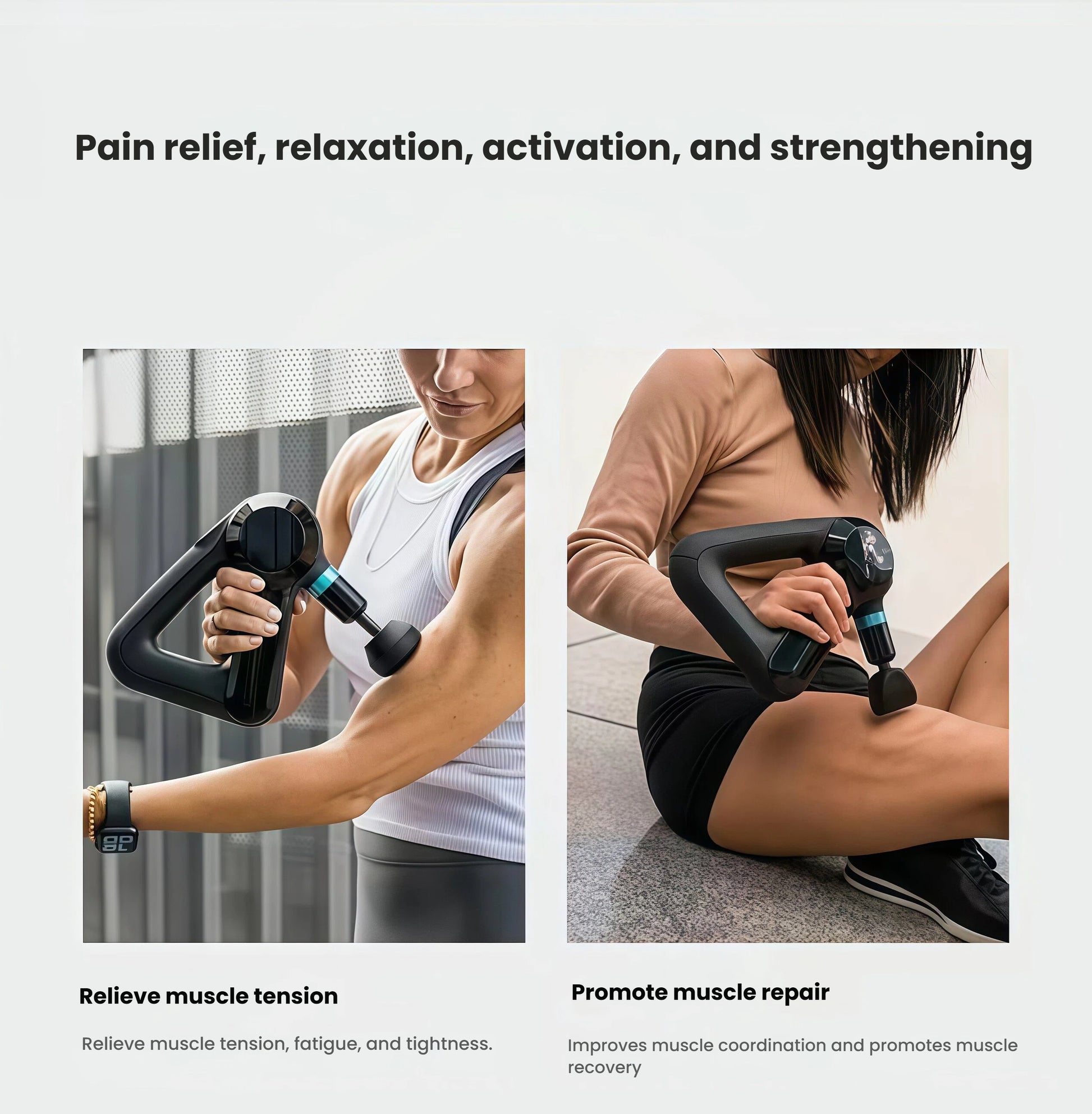 Split image: woman using Theragun Elite G5 on bicep for tension relief and on quad to promote muscle repair.