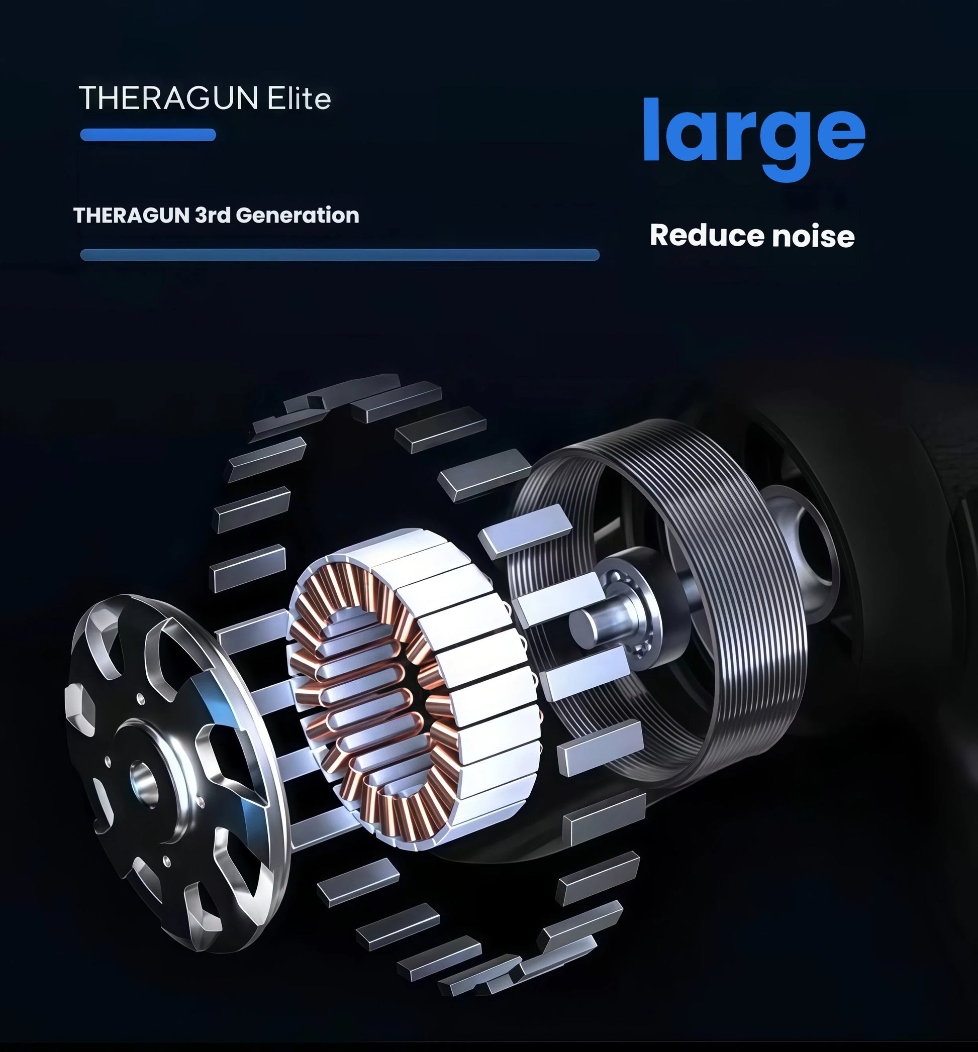 3D exploded view of Theragun Elite G5’s QuietForce motor showcasing advanced noise-reduction engineering.