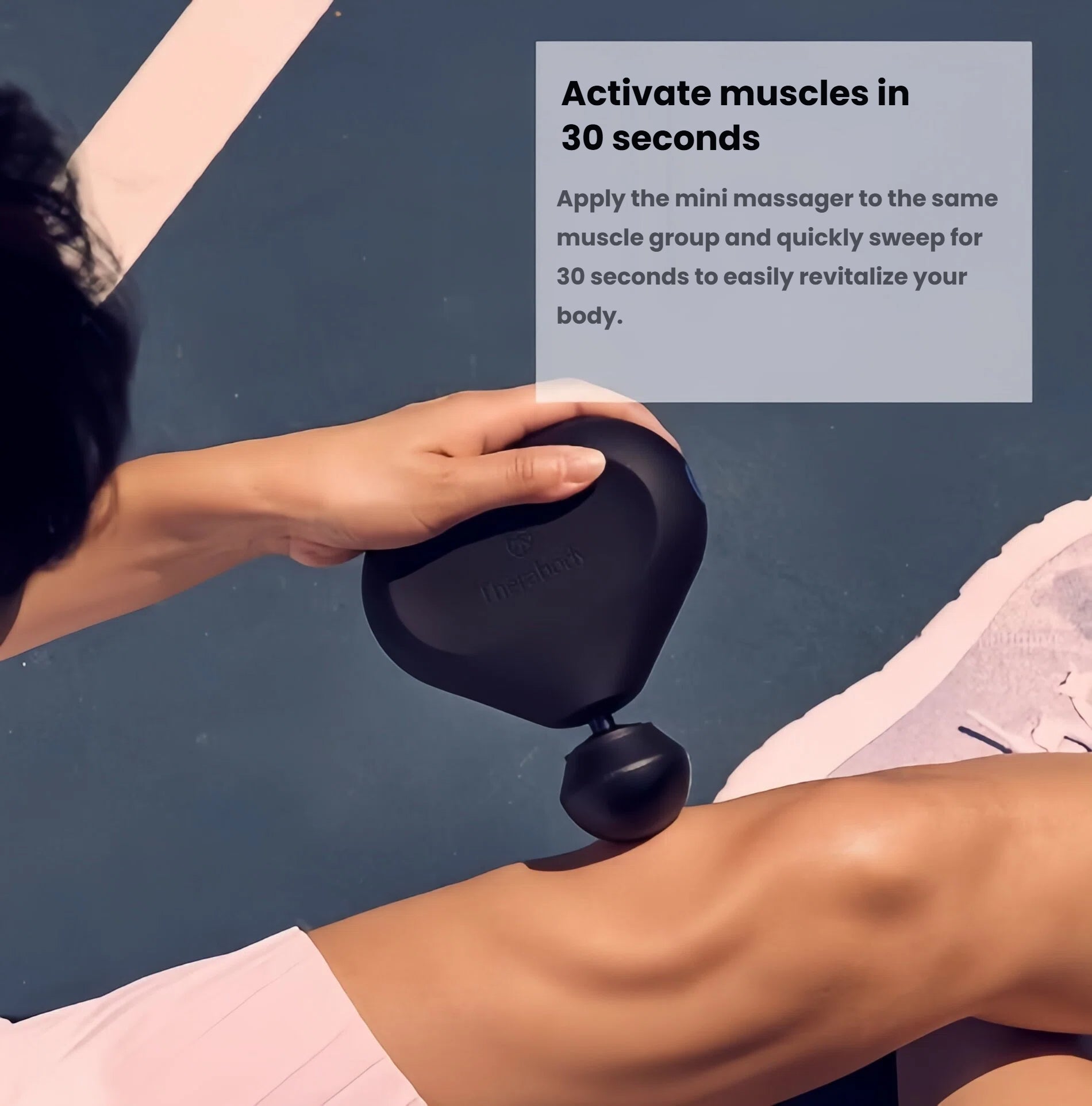 User sweeping Theragun Mini 2.0 across leg for 30-second muscle activation and revitalization.