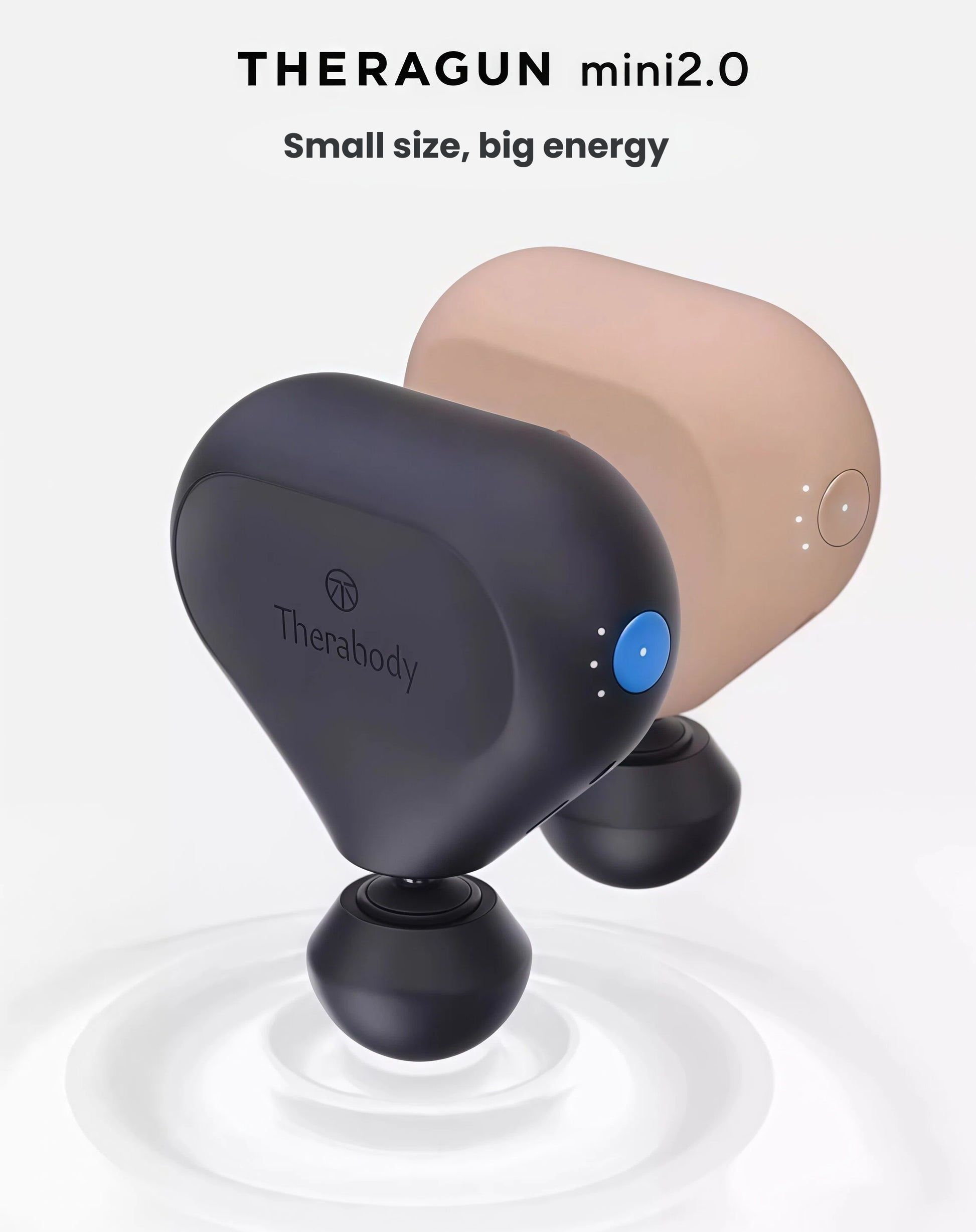 Floating render of Theragun Mini 2.0 in black and beige, highlighting ultra-compact design and powerful percussion therapy.