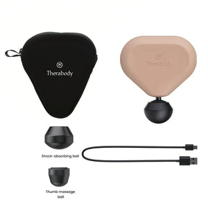 Flat lay of Theragun Mini 2.0 black, carrying case, USB-C cable, shock-absorbing ball and thumb massage attachments.