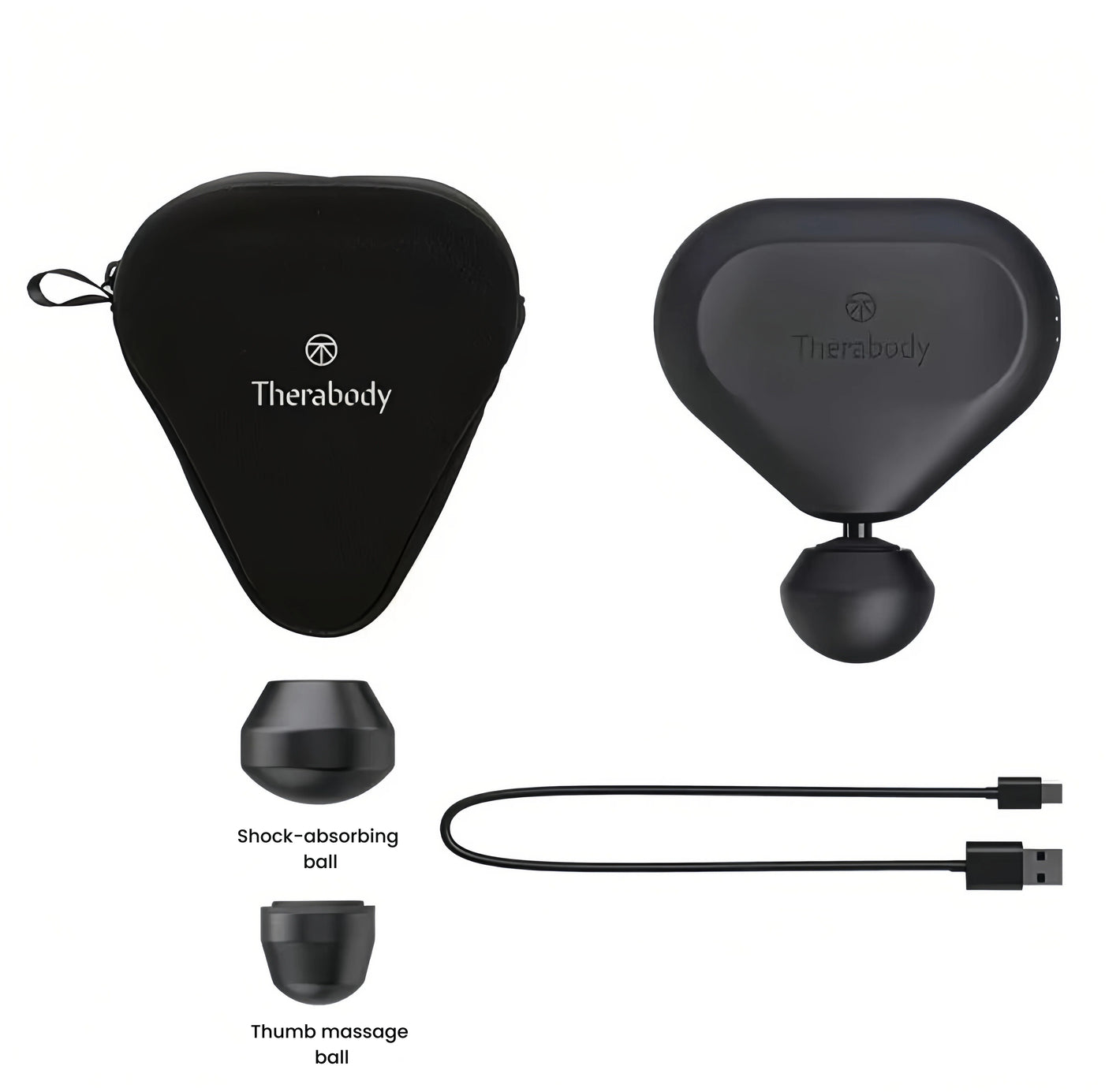 Overhead view of black Theragun Mini 2.0, soft case, USB-C cable and interchangeable massage heads.