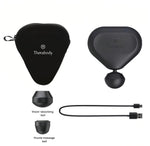 Overhead view of black Theragun Mini 2.0, soft case, USB-C cable and interchangeable massage heads.