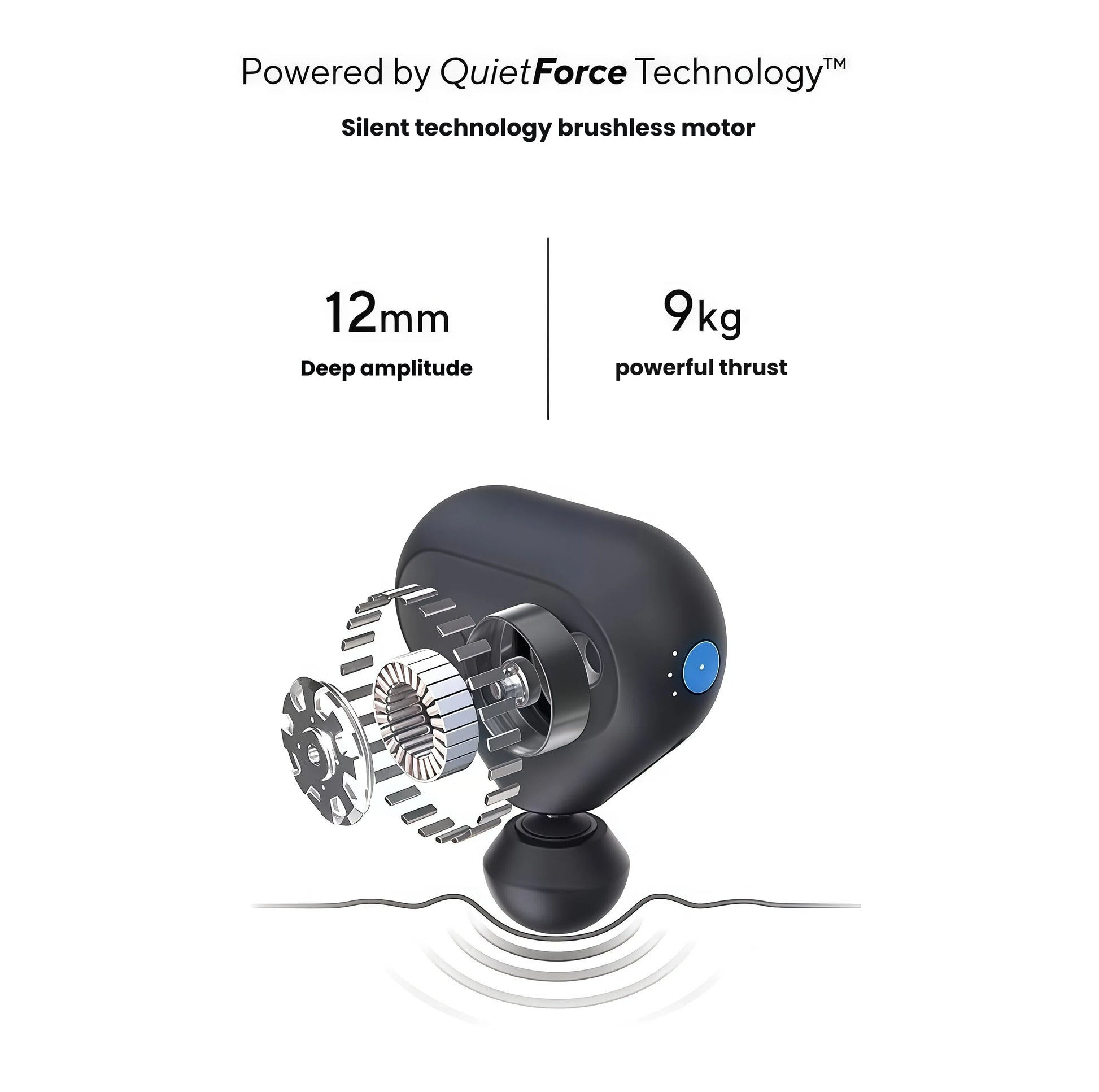 Exploded 3D render revealing Theragun Mini 2.0’s QuietForce motor, 12 mm amplitude and 9 kg stall force.