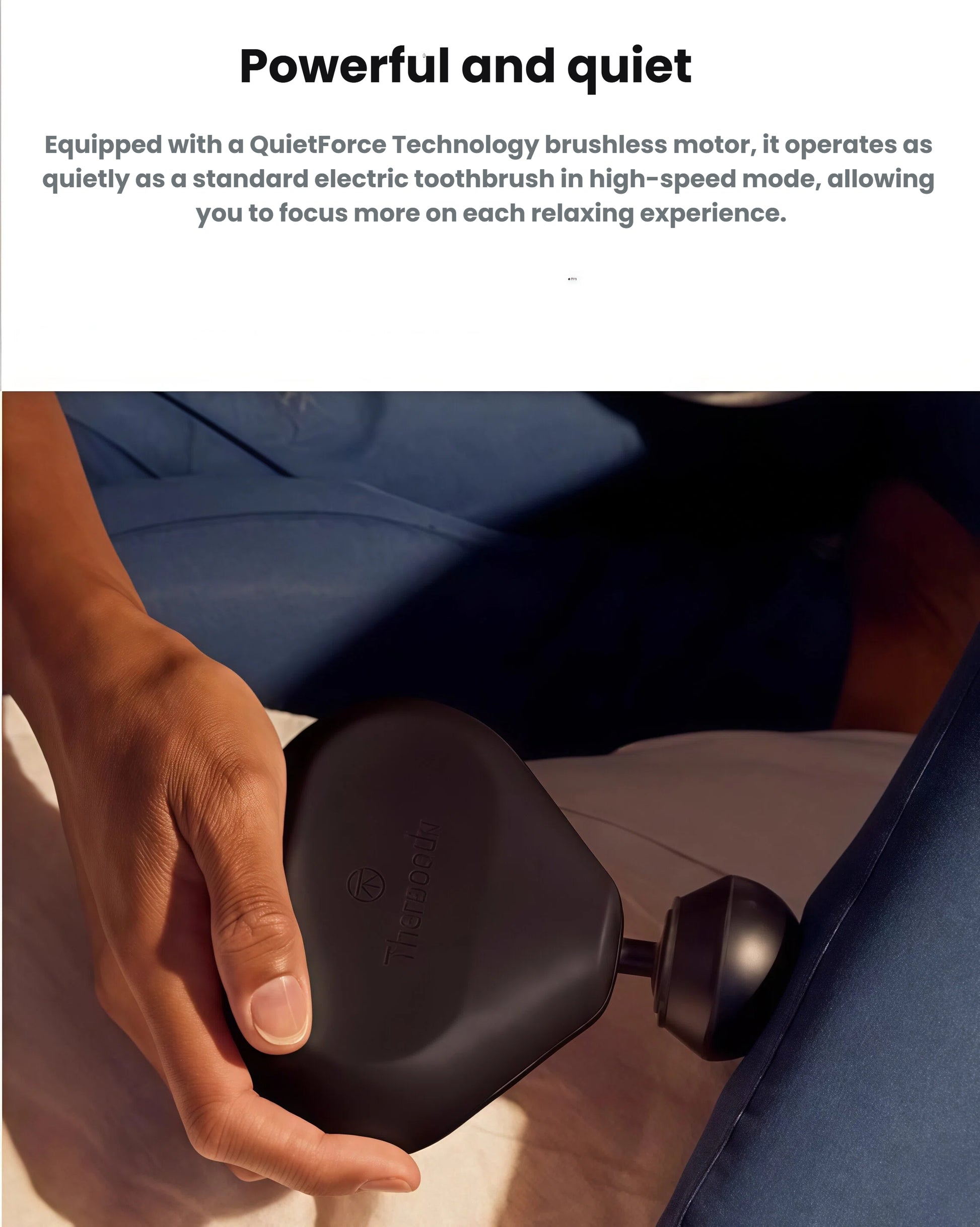 Close-up of Theragun Mini 2.0 gliding over back, showcasing whisper-quiet brushless motor technology.