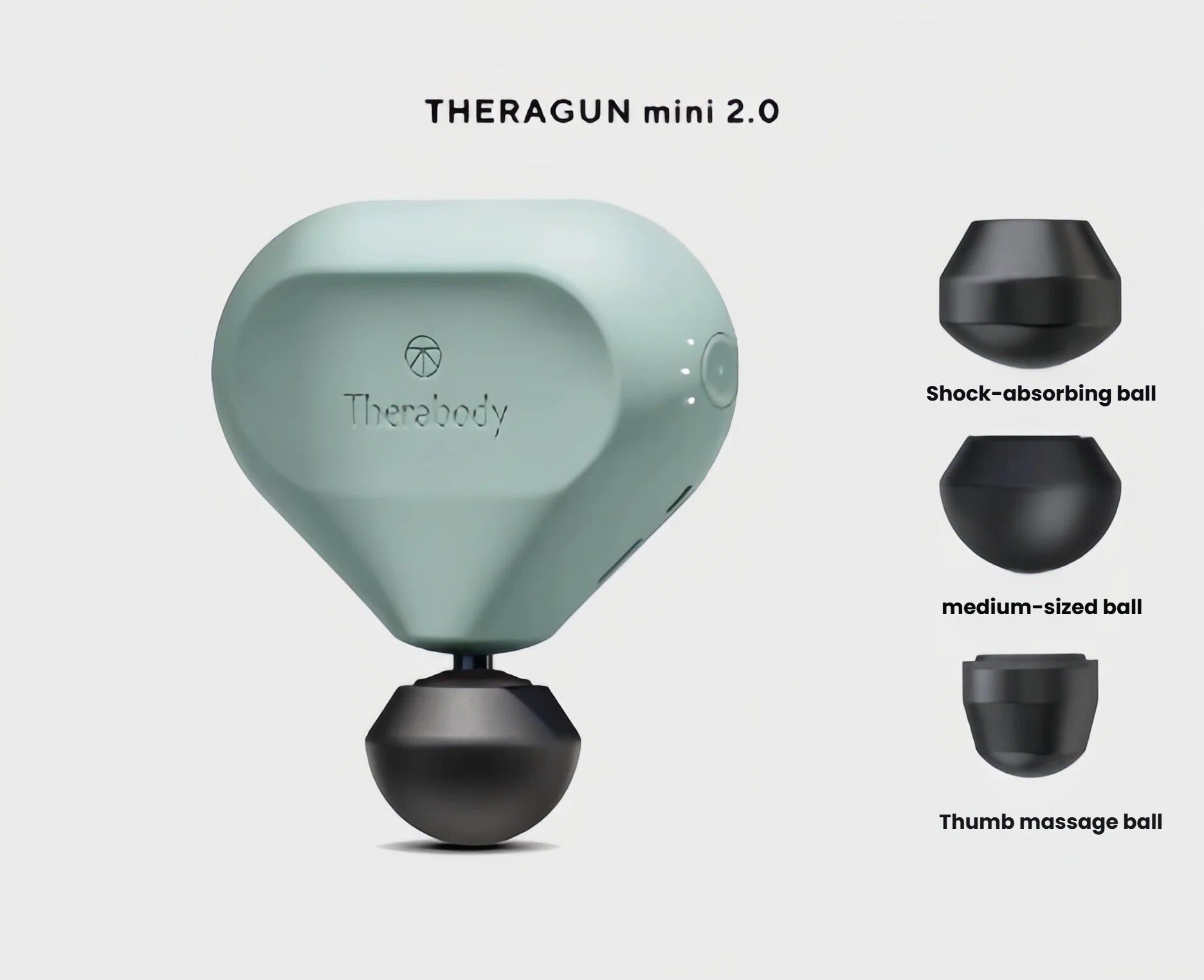 Sage green Theragun Mini 2.0 displayed with shock-absorbing, medium and thumb massage heads for targeted therapy.