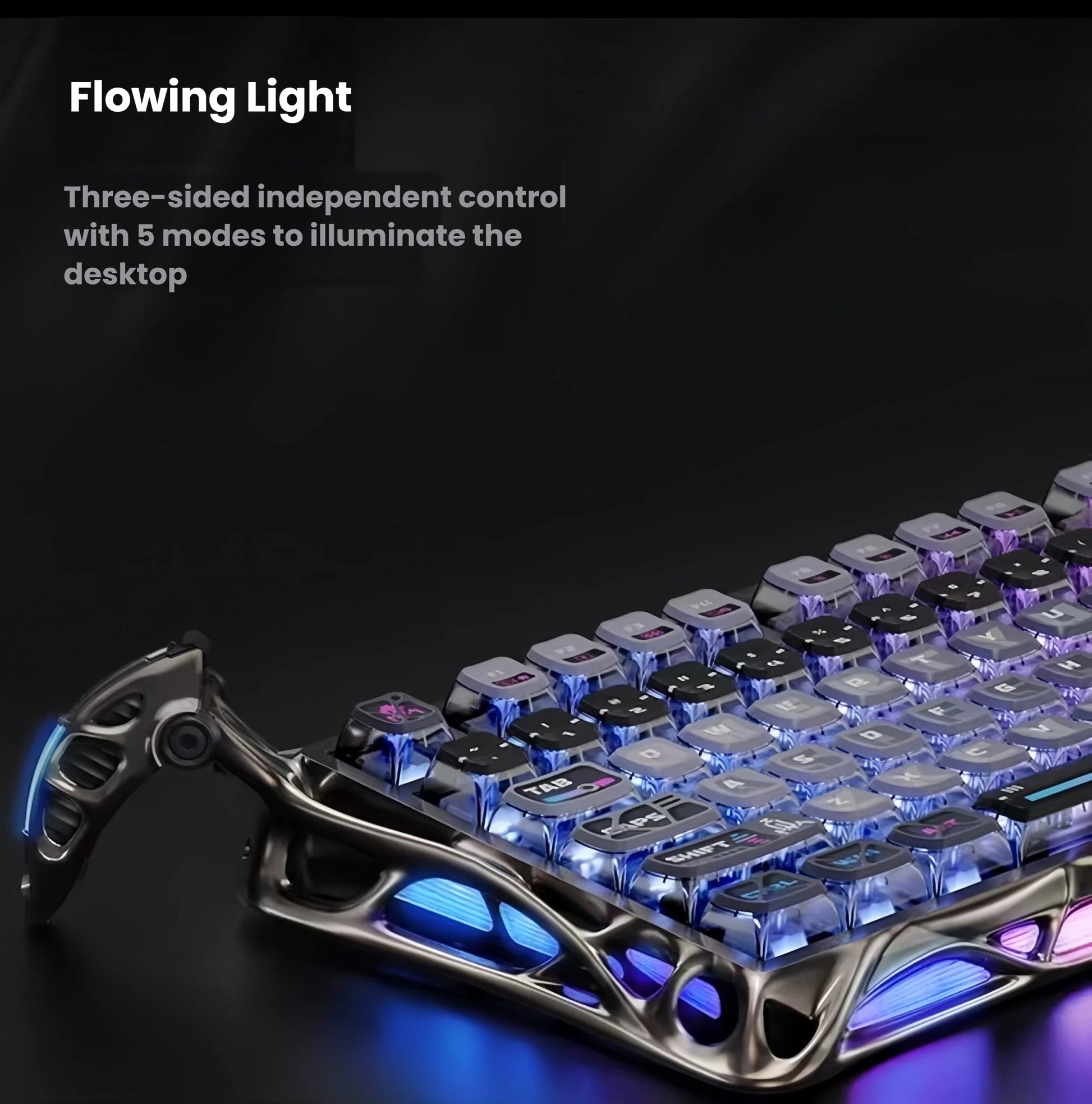 GravaStar Mercury K1 Pro keyboard with three-sided independent RGB lighting control, featuring 5 dynamic lighting modes to illuminate your desktop and enhance gaming atmosphere.

