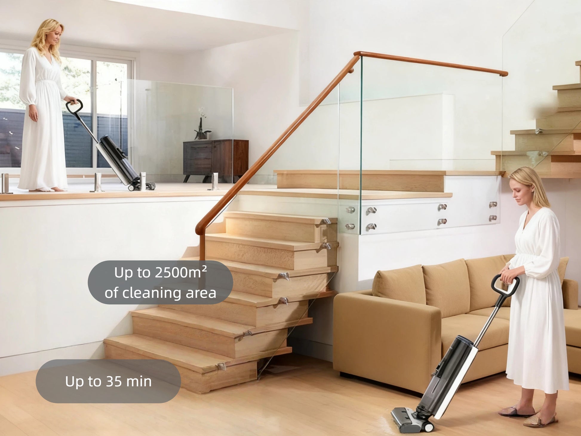 A woman easily cleans a large, multi-level home with the Tineco FLOOR ONE S5 PLUS, demonstrating its capability to cover up to 2500 square meters with a runtime of up to 35 minutes.