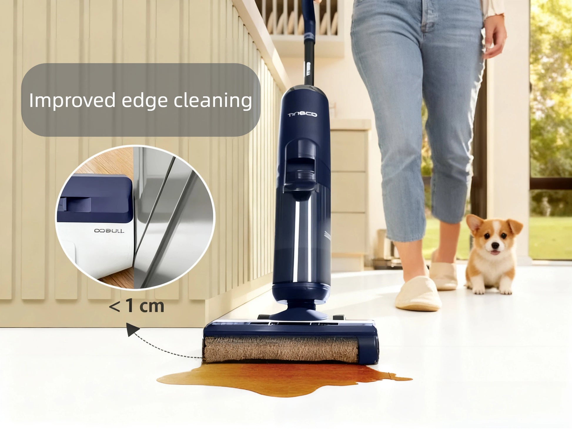 This image showcases the Tineco FLOOR ONE S5 PLUS's improved edge cleaning, reaching less than 1 cm from the baseboard to effectively clean up a spill right to the edge of the wall.