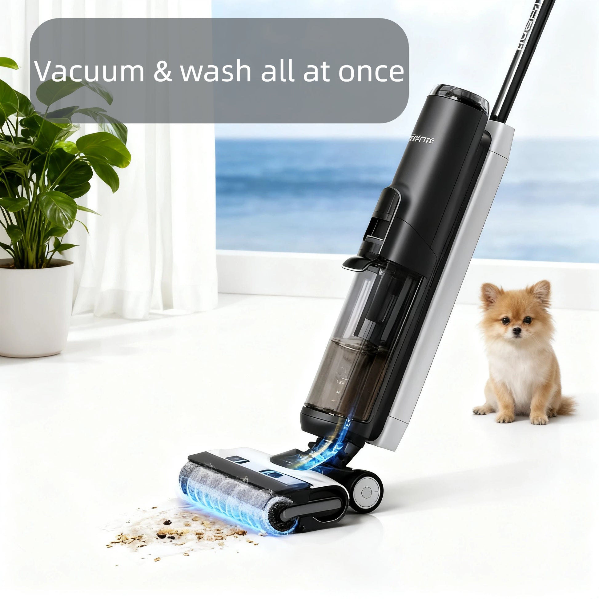 The Tineco FLOOR ONE S5 PLUS simultaneously vacuums and washes a dirty floor with its powerful brush roll, effortlessly cleaning up messes in a single pass while a small dog watches.