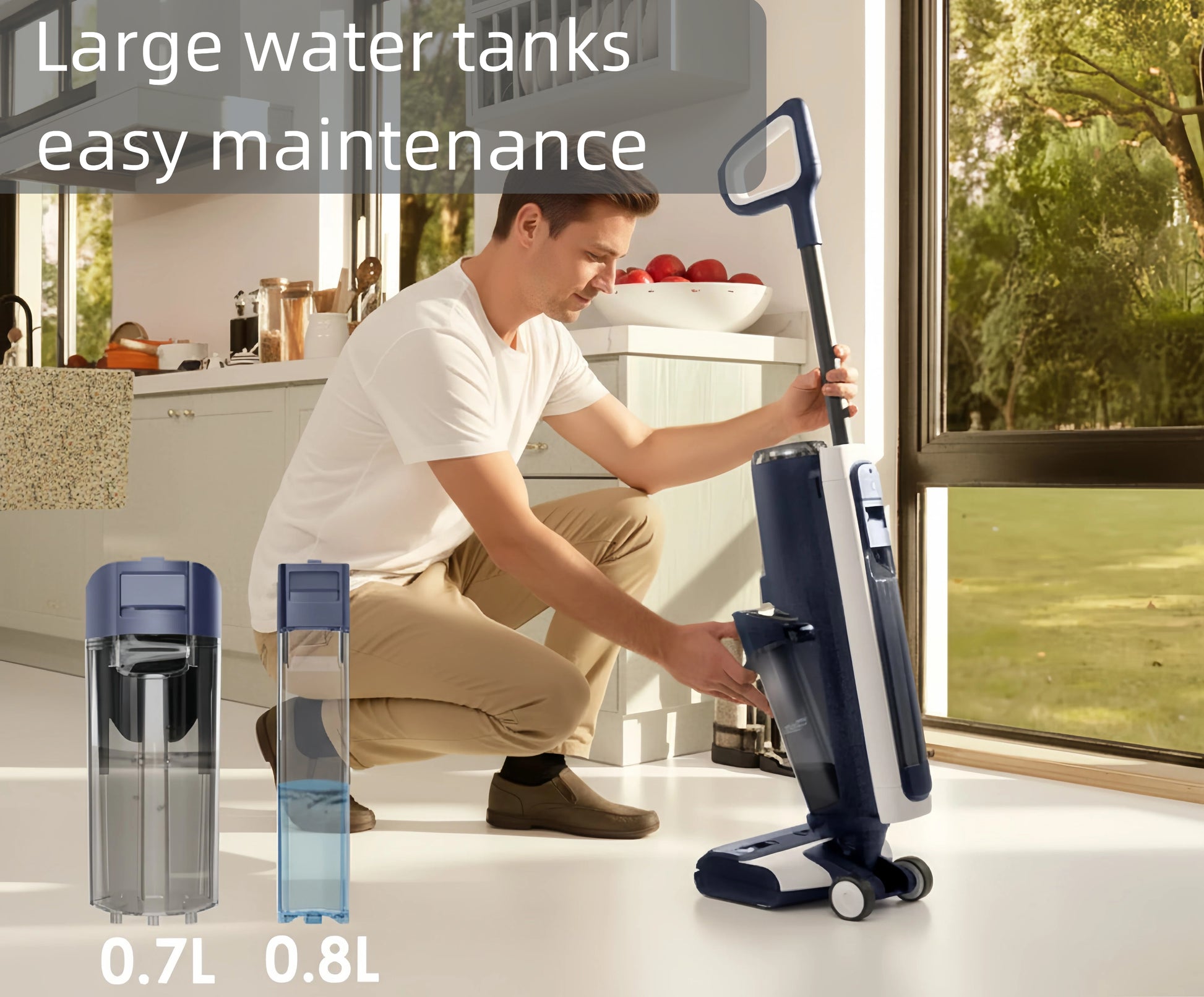 A man demonstrates the easy maintenance of the Tineco FLOOR ONE S5 PLUS, highlighting its large 0.8L clean water tank and 0.7L dirty water tank for extended cleaning sessions.