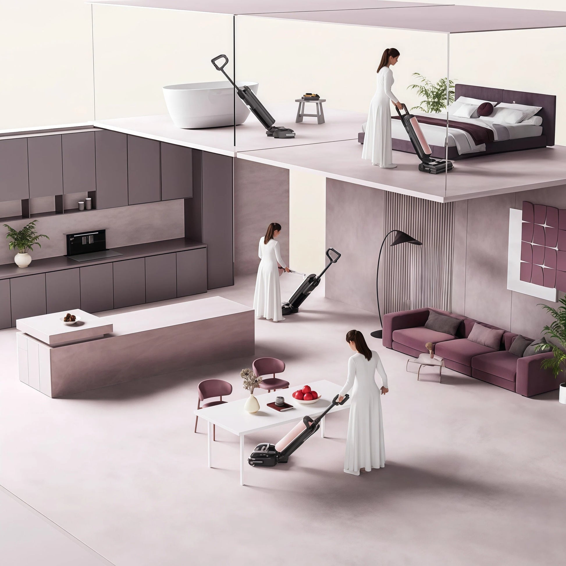 A conceptual image showing a woman using Tineco FLOOR ONE S7 Artist to clean multiple rooms in a modern home, including the dining room, living room, bedroom, and kitchen, demonstrating its versatility for all hard floors.
