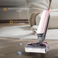 Tineco FLOOR ONE S7 Artist Wet Dry Vacuum Cleaner  wet/dry vacuum cleaning a hardwood floor in a living room with a small white dog in the background, showcasing its ability to eliminate 99.99% of bacteria and viruses for a deep, hygienic clean.