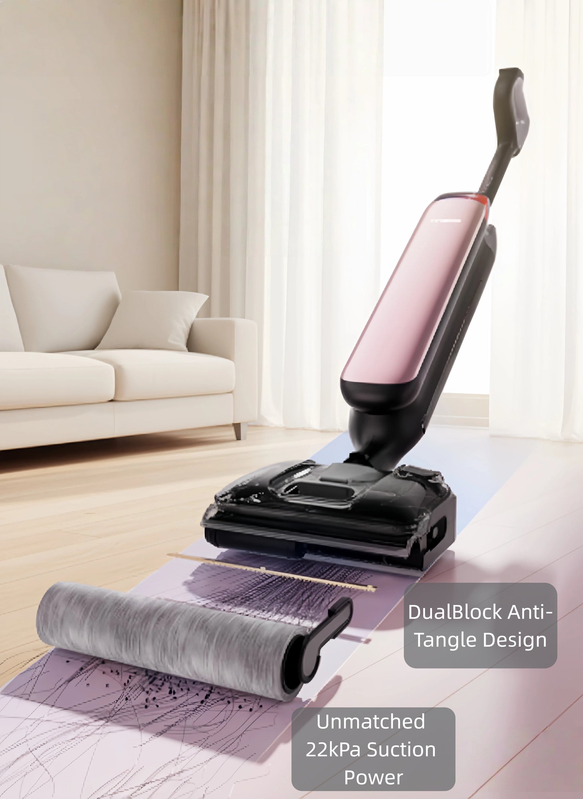 A close-up of the Tineco FLOOR ONE S7 Artist's brush head laying flat on the floor, with the roller removed to showcase the DualBlock anti-tangle design and text highlighting its unmatched 22kPa suction power for hair and debris.