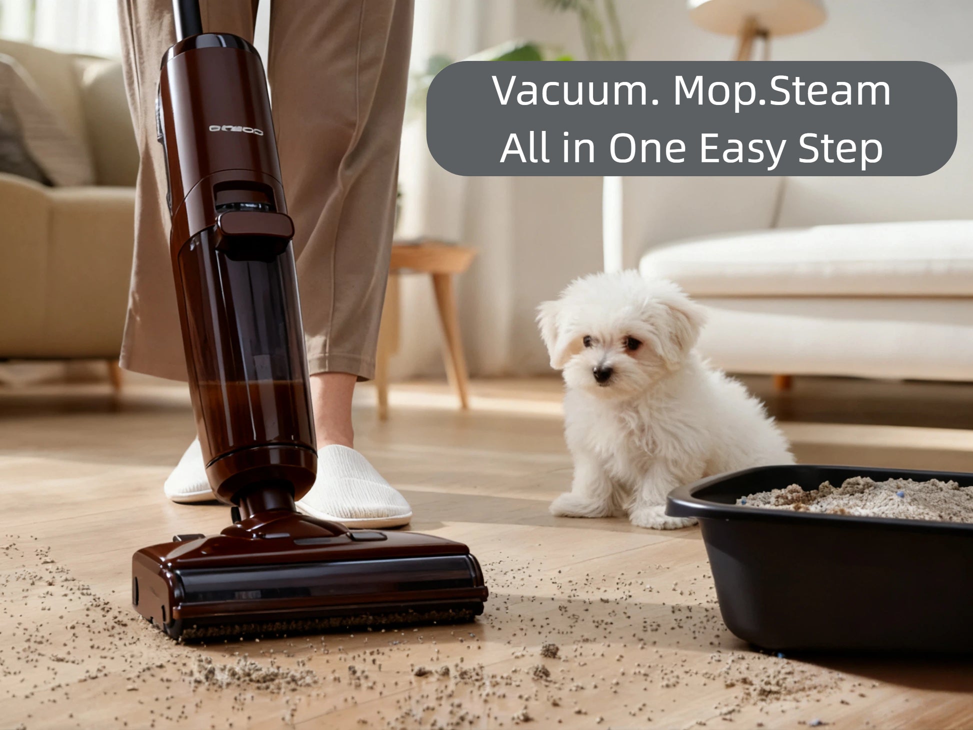 A person uses the Tineco FLOOR ONE S7 Steam to vacuum, mop, and steam clean scattered cat litter in one easy step, showcasing its all-in-one cleaning convenience for pet owners.