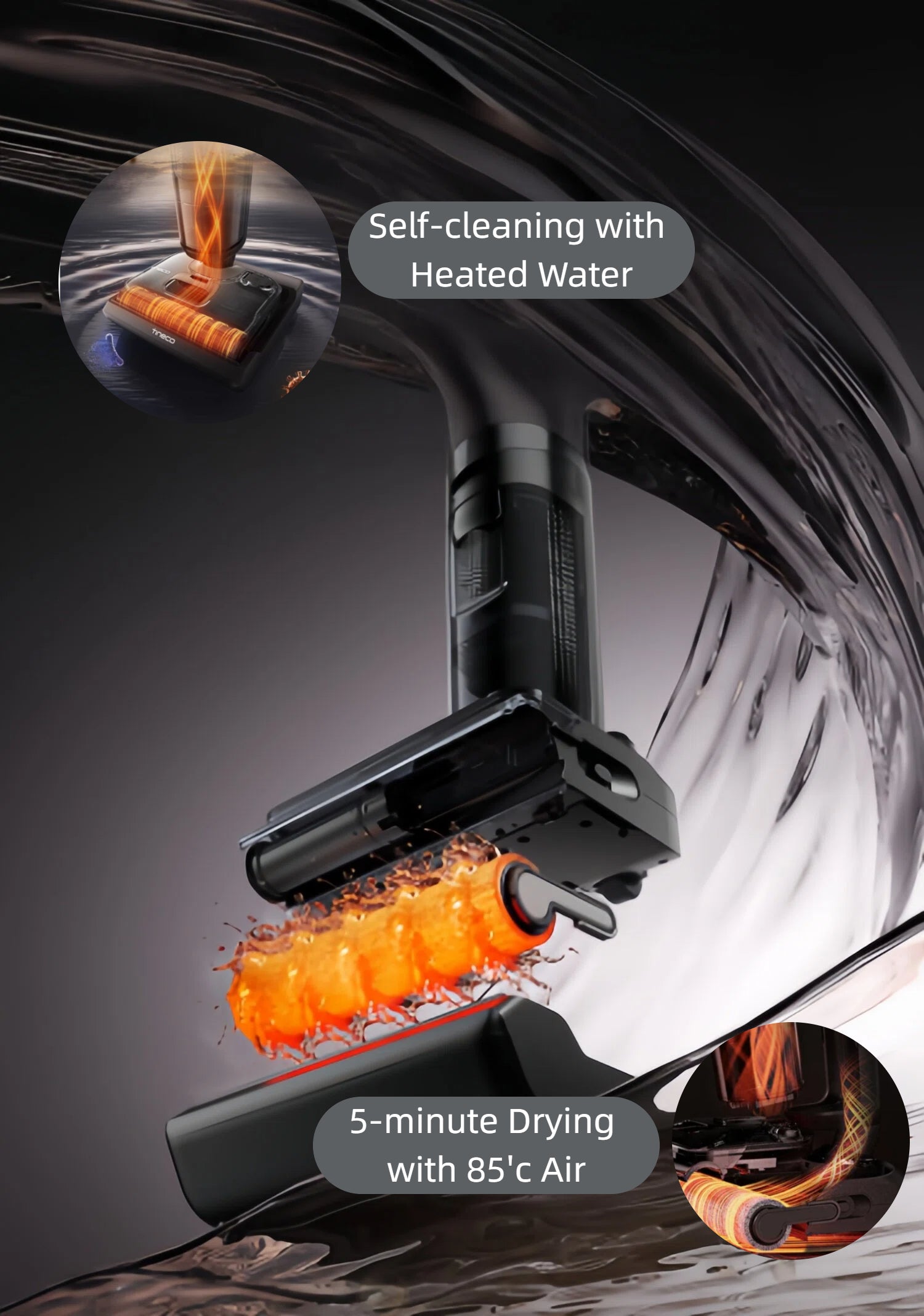 This image details the advanced maintenance features of the Tineco FLOOR ONE S7 Stretch, including a self-cleaning cycle with heated water and a rapid 5-minute brush drying process using 85°C air.
