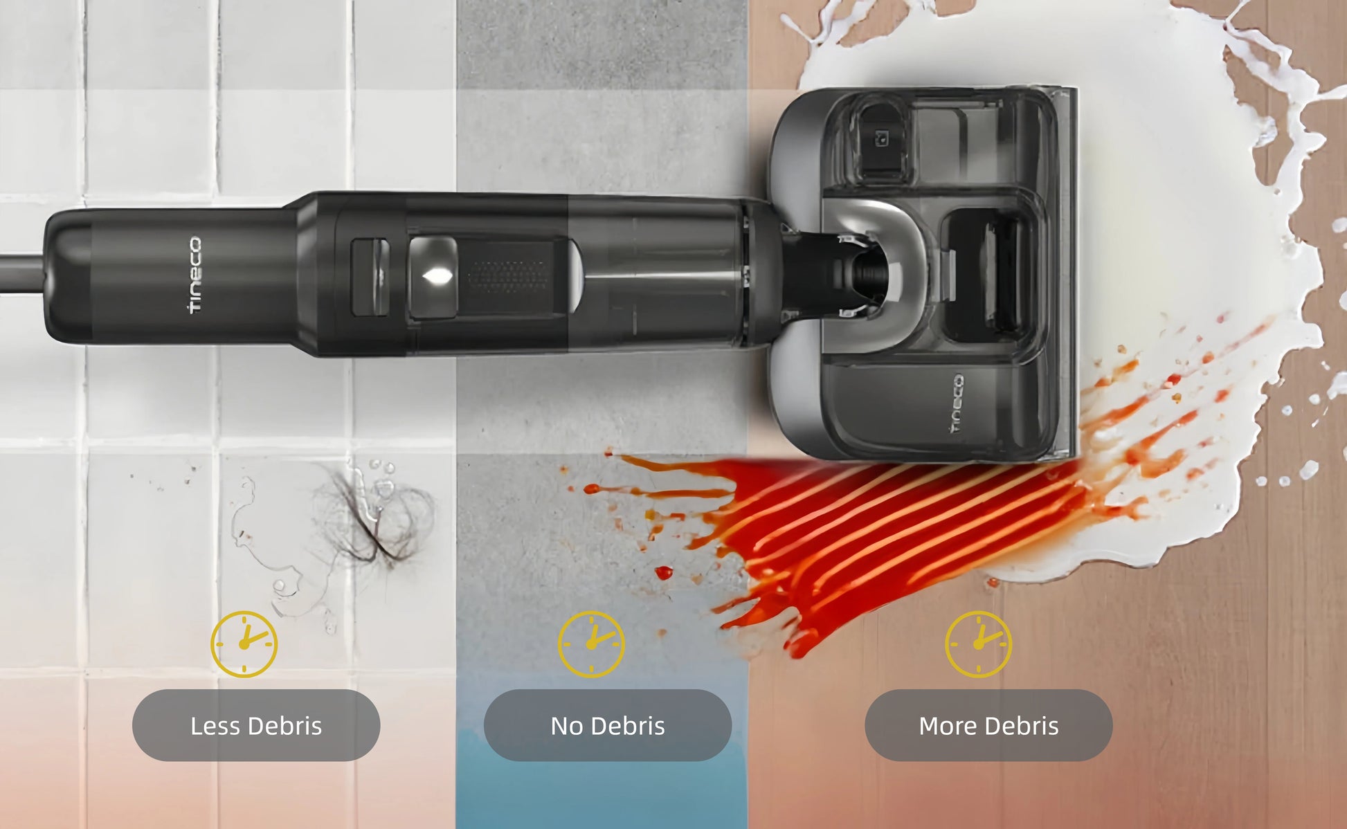 An overhead view displays the Tineco FLOOR ONE S7 Stretch's powerful brush head tackling various messes, including hair, a ketchup spill, and a milk spill, effectively cleaning different types of debris on multiple floor surfaces.