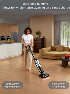 A woman is cleaning a large open-plan home with the Tineco FLOOR ONE S7 Stretch SteamFree, highlighting its ultra-long runtime of up to 80 minutes on a single charge for whole-house cleaning.