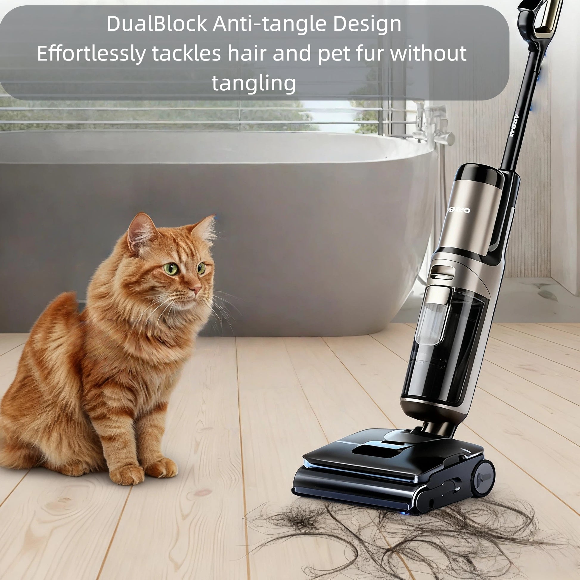 The Tineco FLOOR ONE S7 Stretch SteamFree effortlessly cleans a pile of pet fur on a wooden floor next to a ginger cat, demonstrating its DualBlock Anti-tangle Design that's perfect for pet owners.