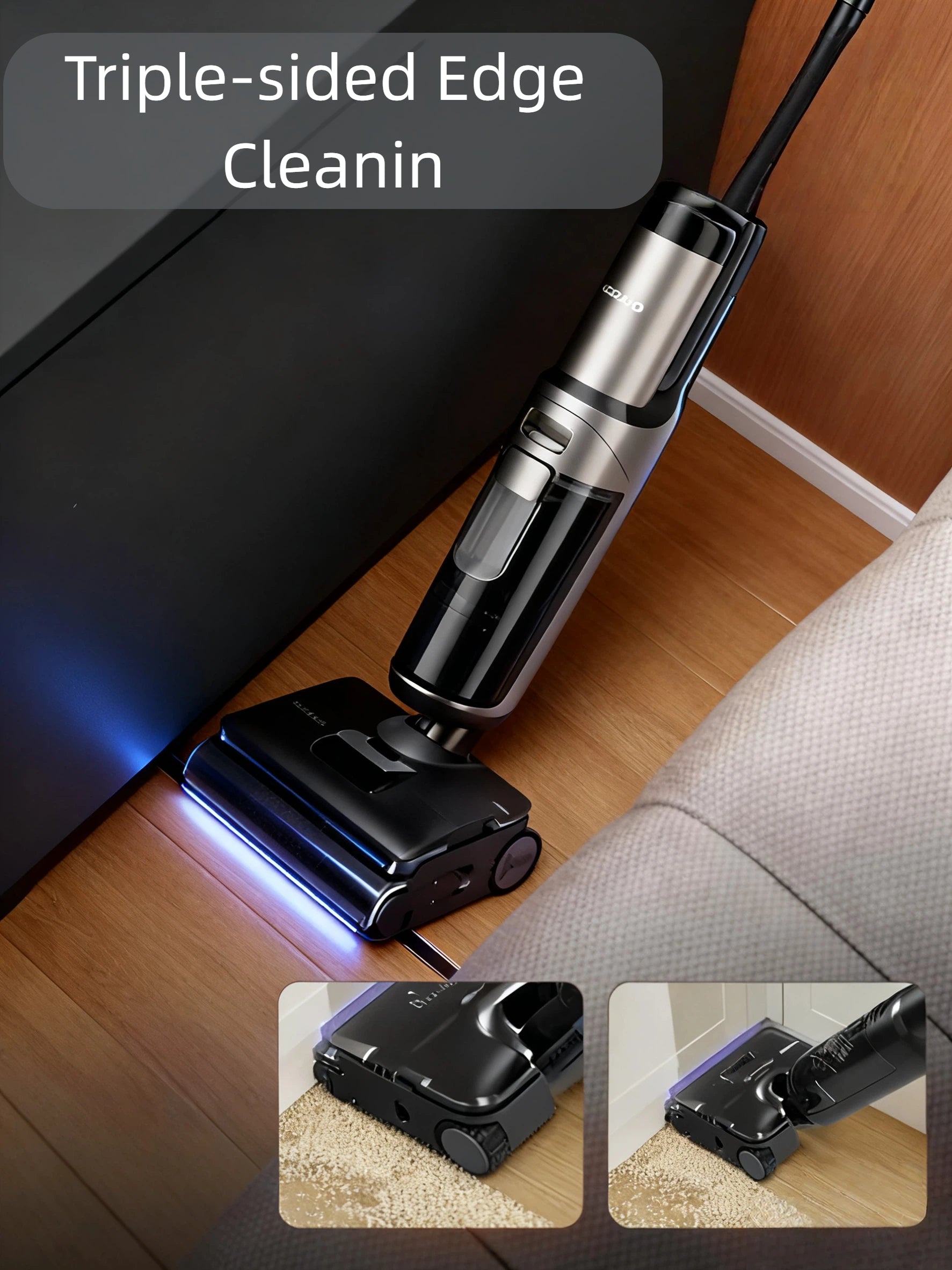 This image shows a close-up of the Tineco FLOOR ONE S7 Stretch SteamFree's triple-sided edge cleaning capability, as it thoroughly cleans along walls and around furniture legs.