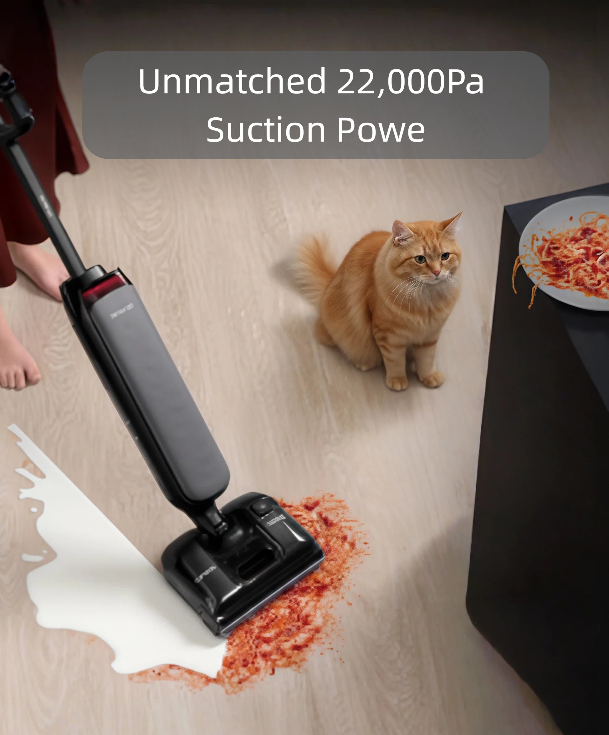 The Tineco FLOOR ONE S9 Artist Pro effortlessly cleaning up spilled milk and sauce, showcasing its powerful 22,000Pa suction for both wet and dry messes on hard floors.