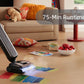 The Tineco FLOOR ONE S9 Artist Pro cleaning a colorful mess in a living room, highlighting its long 75-minute runtime for uninterrupted, whole-home cleaning