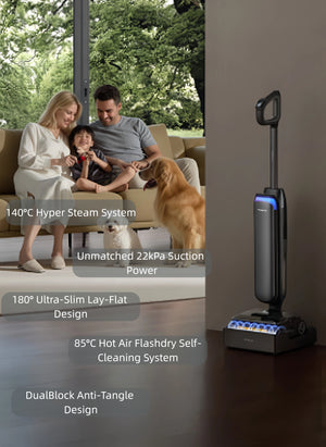 A summary of the Tineco FLOOR ONE S9 Artist's advanced features, including a 140°C Hyper Steam System, 22kPa suction power, an ultra-slim 180° lay-flat design, an 85°C hot air self-cleaning system, and a DualBlock anti-tangle design, is shown next to the vacuum in a modern home setting.
